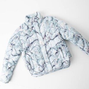 FLX Women's Medium Quilted Puffer‎ Jacket Blue Gray Marble Pockets Snap Zip